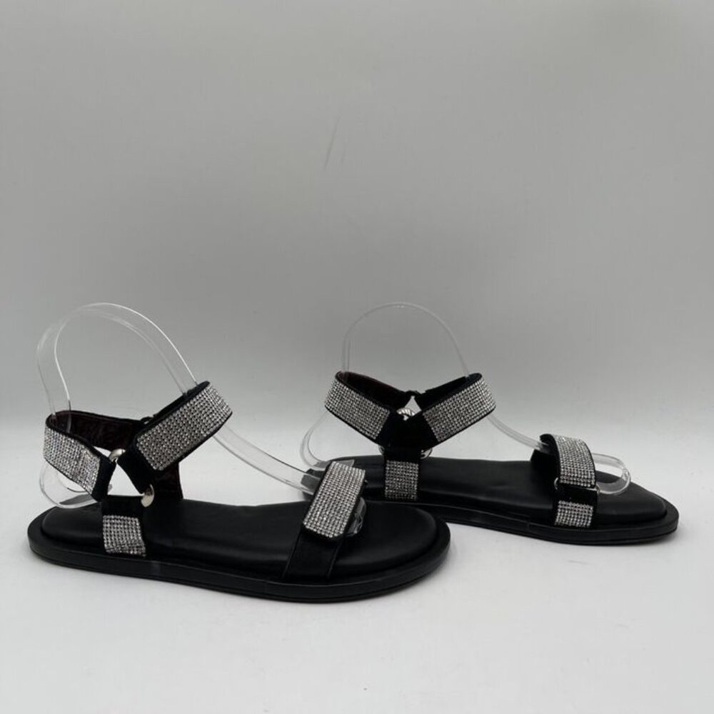 STAUD Betty Rhinestone Sandals Black Leather SIZE 37.5    MSRP $395